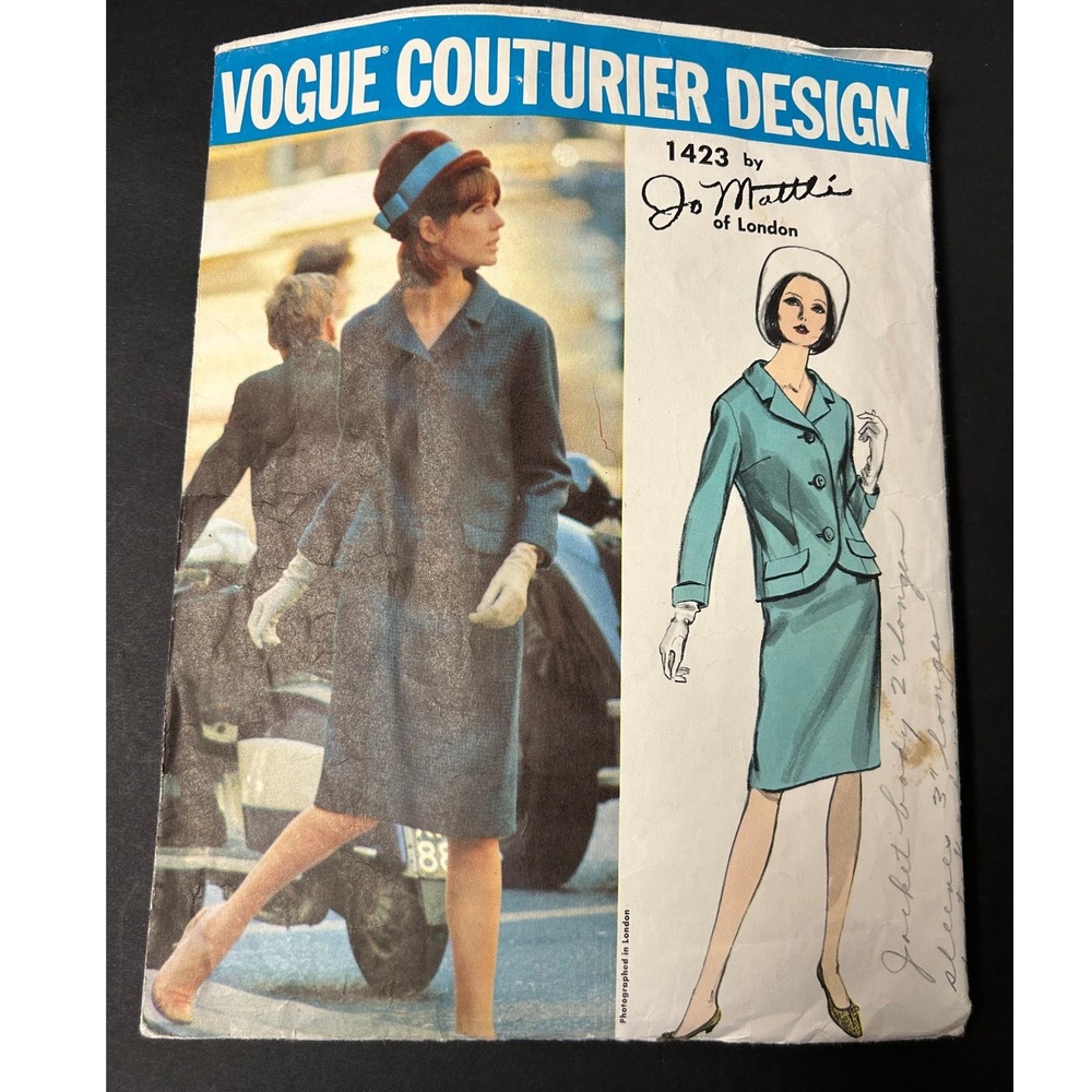 Vintage 1960s Vogue 1423 Jo Mattli London Suit Pattern Women Size 16 Bust 36